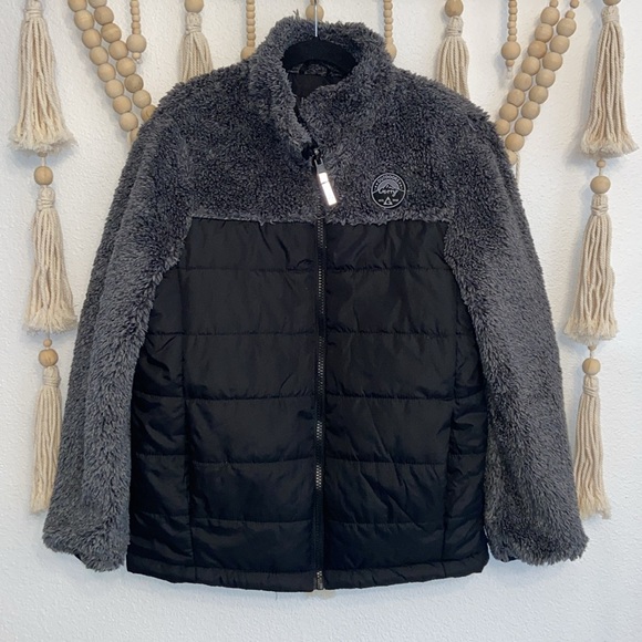 Gerry black nylon puffer coat with grey sherpa sleeves and neck medium 10/12 - Picture 3 of 15